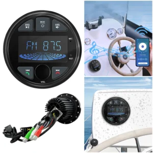 Marine Stereo Boat Radio with LCD Screen Round MP3 Player IPX6 Waterproof BT Digital Media Radio for Yacht ATV UTV RV Golf Cart