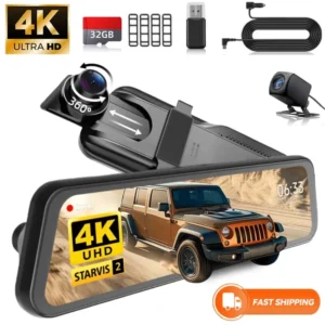 9.66"IPS Touch Screen Mirror Dash Cam Front and Rear, 4K Dual Recording, AHD Backup Camera, Night Vision, G-Sensor.