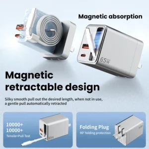 Silver 3 IN 1 65W Fast Charging Power Adapter USB C Wall Charger, PD Power Adapter + QC Wall Plug Multiport USB A