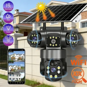 Solar Outdoor Security Camera Triple Lens PTZ Humanoid Detection Two-Way Audio WiFi Camera V380 APP Night Vision Security Camera